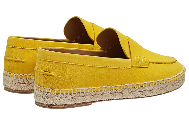Shop HERMES 愛馬仕 絨面山羊皮 草編平底鞋 女款 黃色