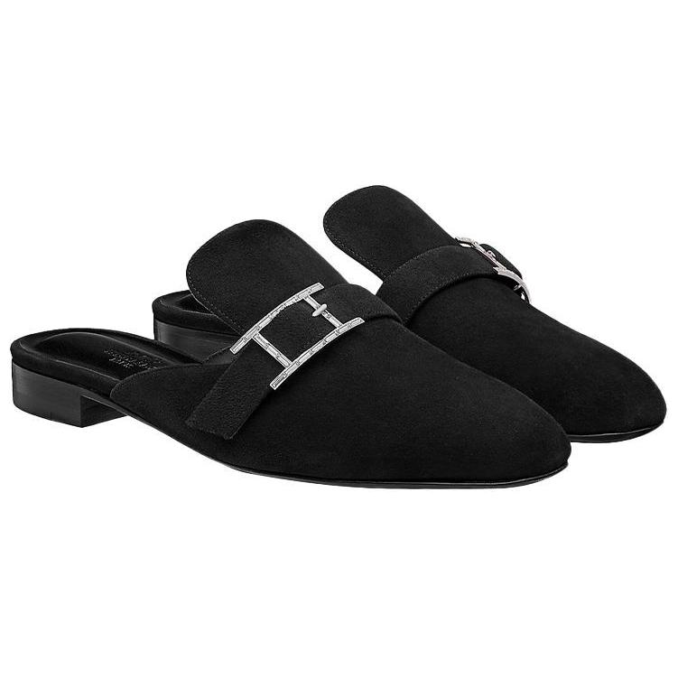 Lookbook (W) HERMES Suède Instapper Lage Schoen ''Fashion Slide Zwart'' H202000Z-02