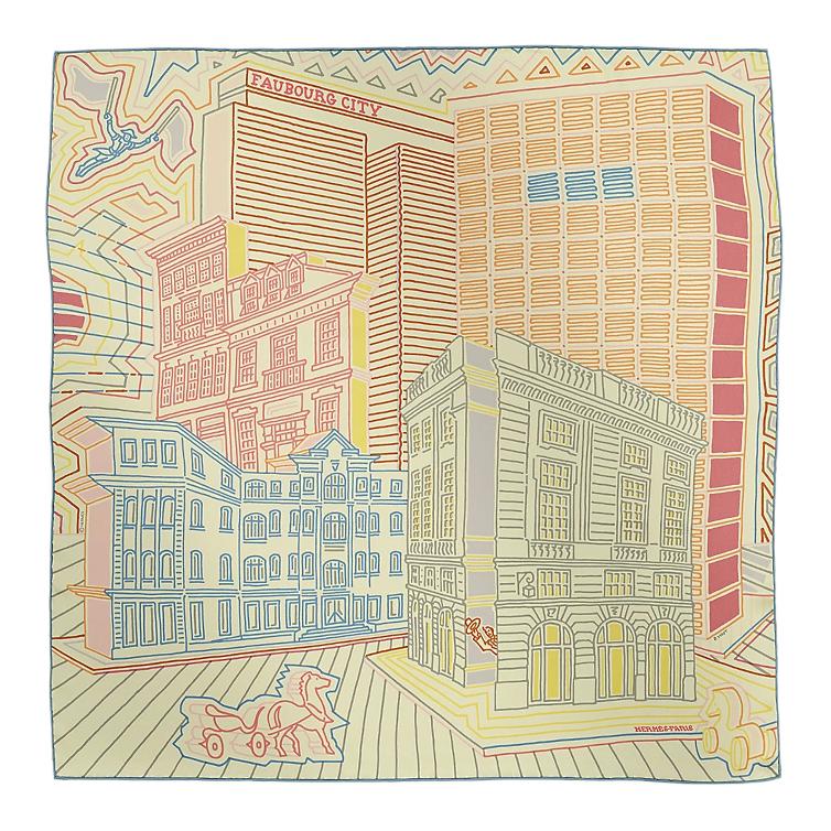 (Women) HERMES Sulfur Yellow City House Design Silk Scarf for Women. H984125Sv03