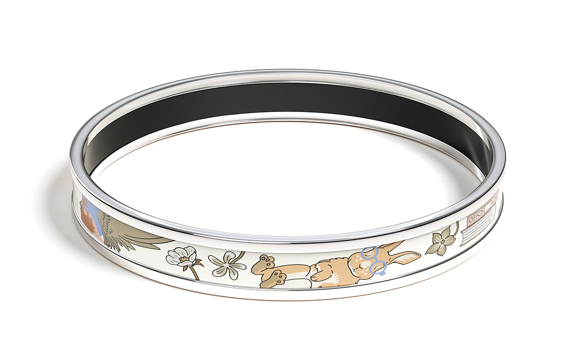 (Women) HERMES Tea for Two Enamel Bracelet  Silver White Print. H210002FPF3