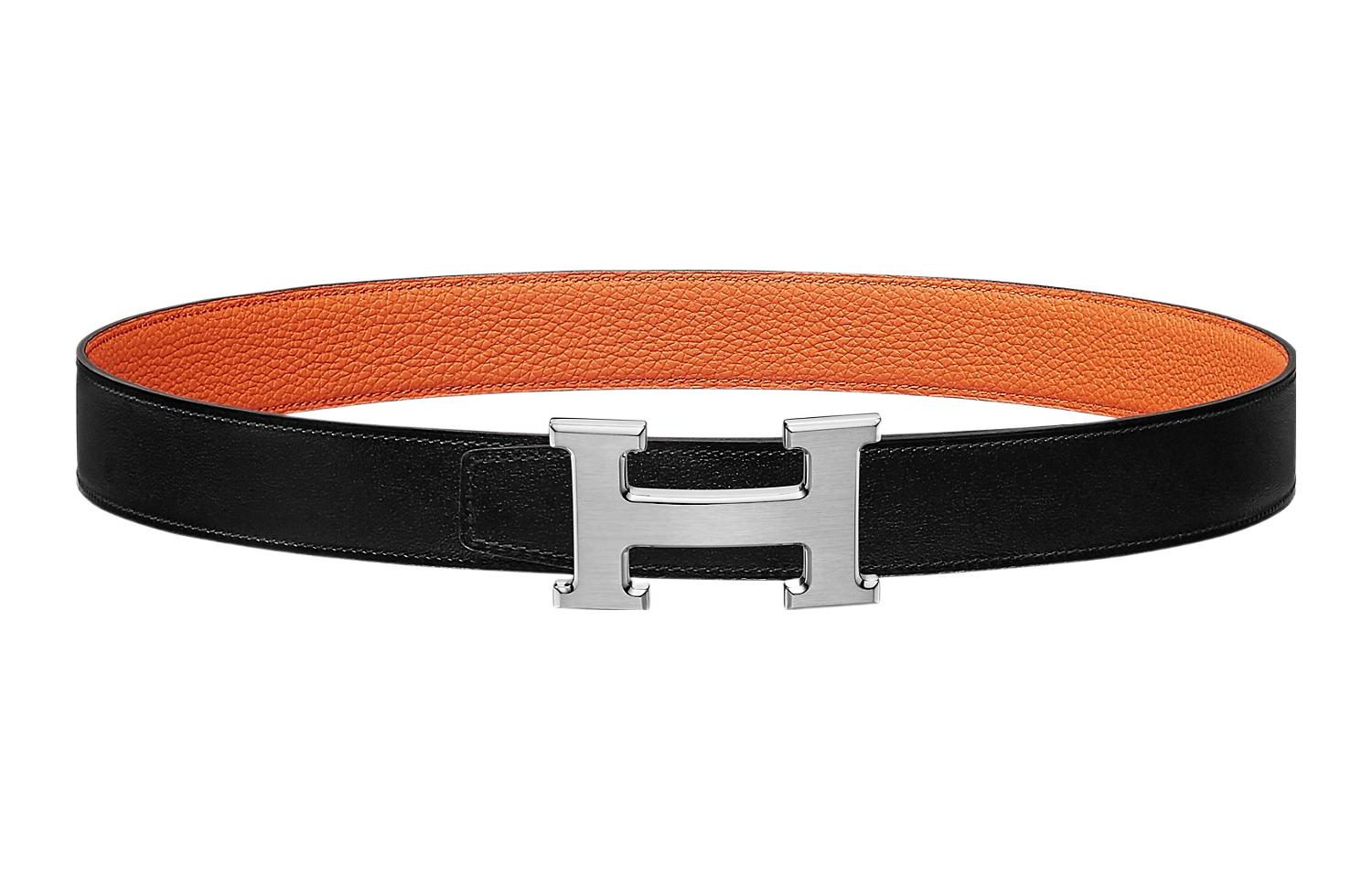 (Women) HERMES Togo Leather  Reversible Belt Black 3.2cm Silver Buckle Elegant H064544CB86-H073967CAAE095