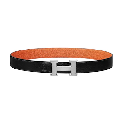 (Women) HERMES Togo Leather Reversible Belt Black 3.2cm Silver Buckle Elegant H064544CB86-H073967CAAE095