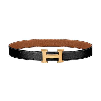 (Women) HERMES Togo Leather Belt Black/Brown Gold Buckle 32cm Reversible H064544CC06-H073967CAAA100