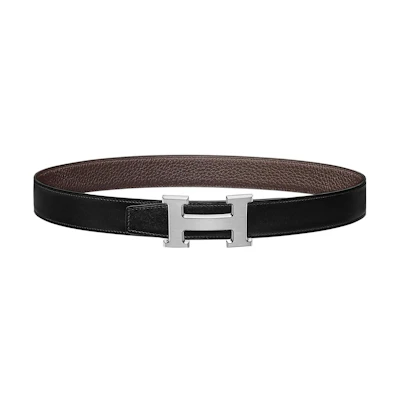 (Women) HERMES Togo Reversible Leather Belt Black/Chocolate 3.2cm Silver Buckle. H064544CB86-H073967CAAB090