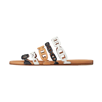 (W) HERMES Trail Chain Flat Toe-Thong Slippers 'White Black Brown' 'Thalassa'