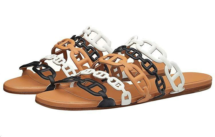 (W) HERMES Trail Chain Flat Toe-Thong Slippers 'White Black Brown' 'Thalassa' 圖 3