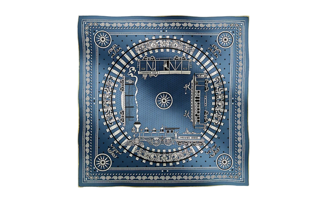 (Women) HERMES Train Pattern Silk Scarf Women - Blue H044047S-06
