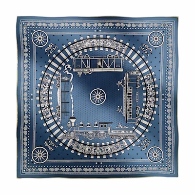 (Women) HERMES Train Pattern Silk Scarf Women - Blue H044047S-06
