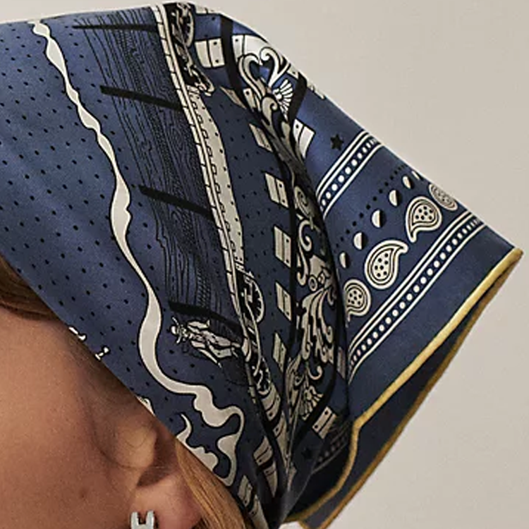 (Women) HERMES Train Pattern Silk Scarf Women - Blue H044047S-06 圖 3