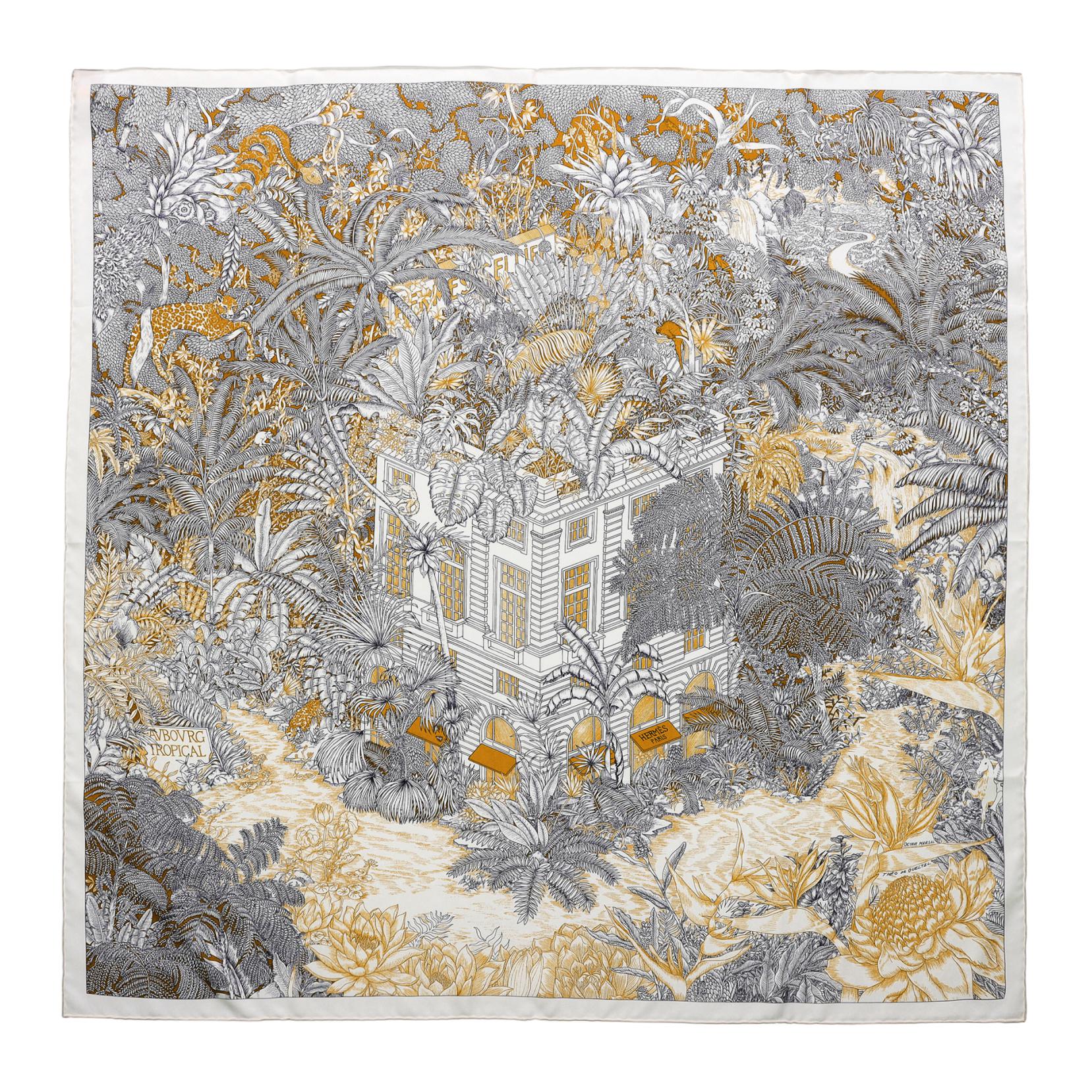 (Women) HERMES Tropical Jungle Silk Scarf for Women - Dark Brown/White/Caramel. H003602S-08