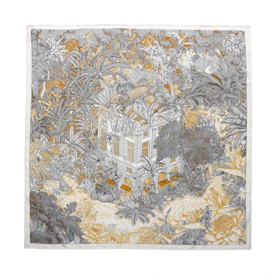 (Women) HERMES Tropical Jungle Silk Scarf for Women - Dark Brown/White/Caramel. H003602S-08