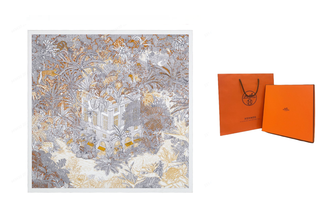 (Women) HERMES Tropical Jungle Silk Scarf for Women - Dark Brown/White/Caramel. H003602S-08 圖 5