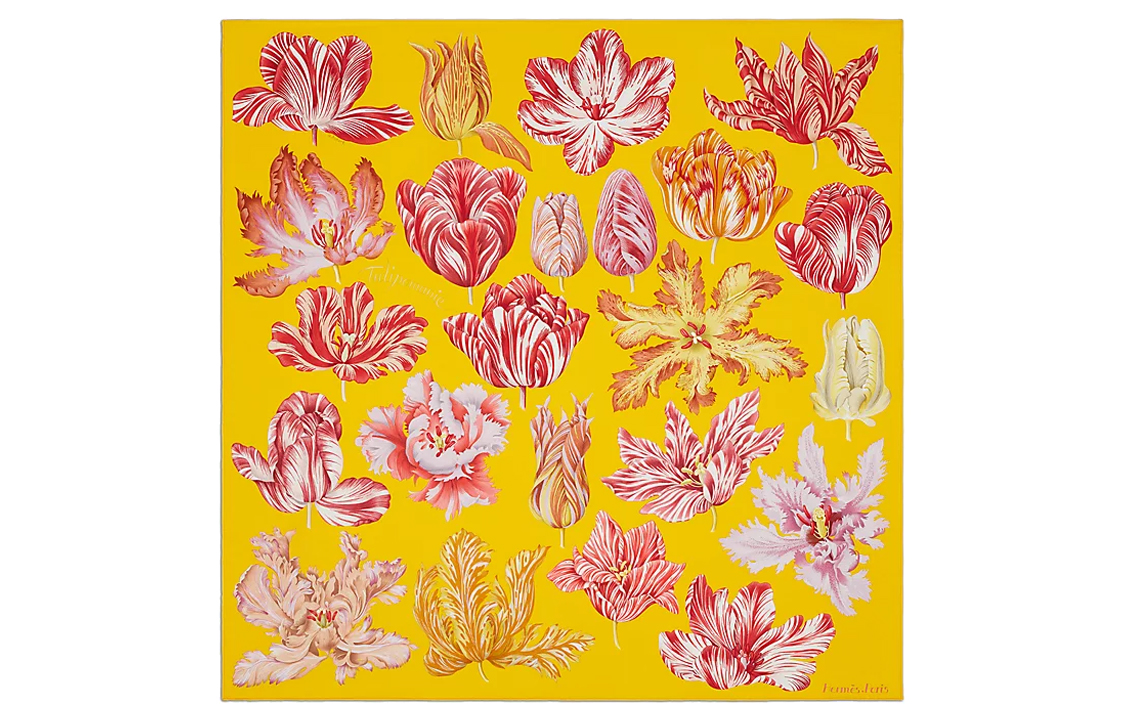 (Women) HERMES Tulip Frenzy Twill Silk Scarf Women’s Yellow. H003964S-14