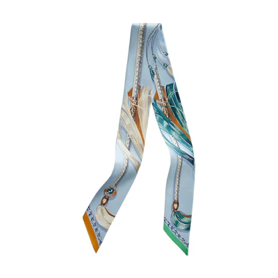 (Women) HERMES Twilly Scarf "Galloping Horses" Sky Blue. H061829S-16