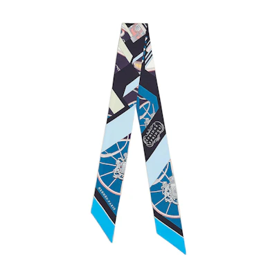 (Women) HERMES Twilly Scarf "Jumping Spring" Blue Silk Scarf. H063932S-14