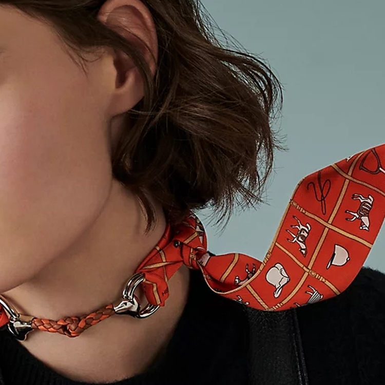 Lookbook (Women) HERMES Twilly  Scarf Vermilion Red Equestrian Design. H061356S 10