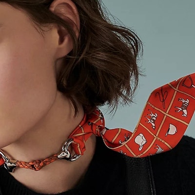 (Women) HERMES Twilly Scarf Vermilion Red Equestrian Design. H061356S 10 Lookbook (Women) HERMES Twilly Scarf Vermilion Red Equestrian Design. H061356S 10