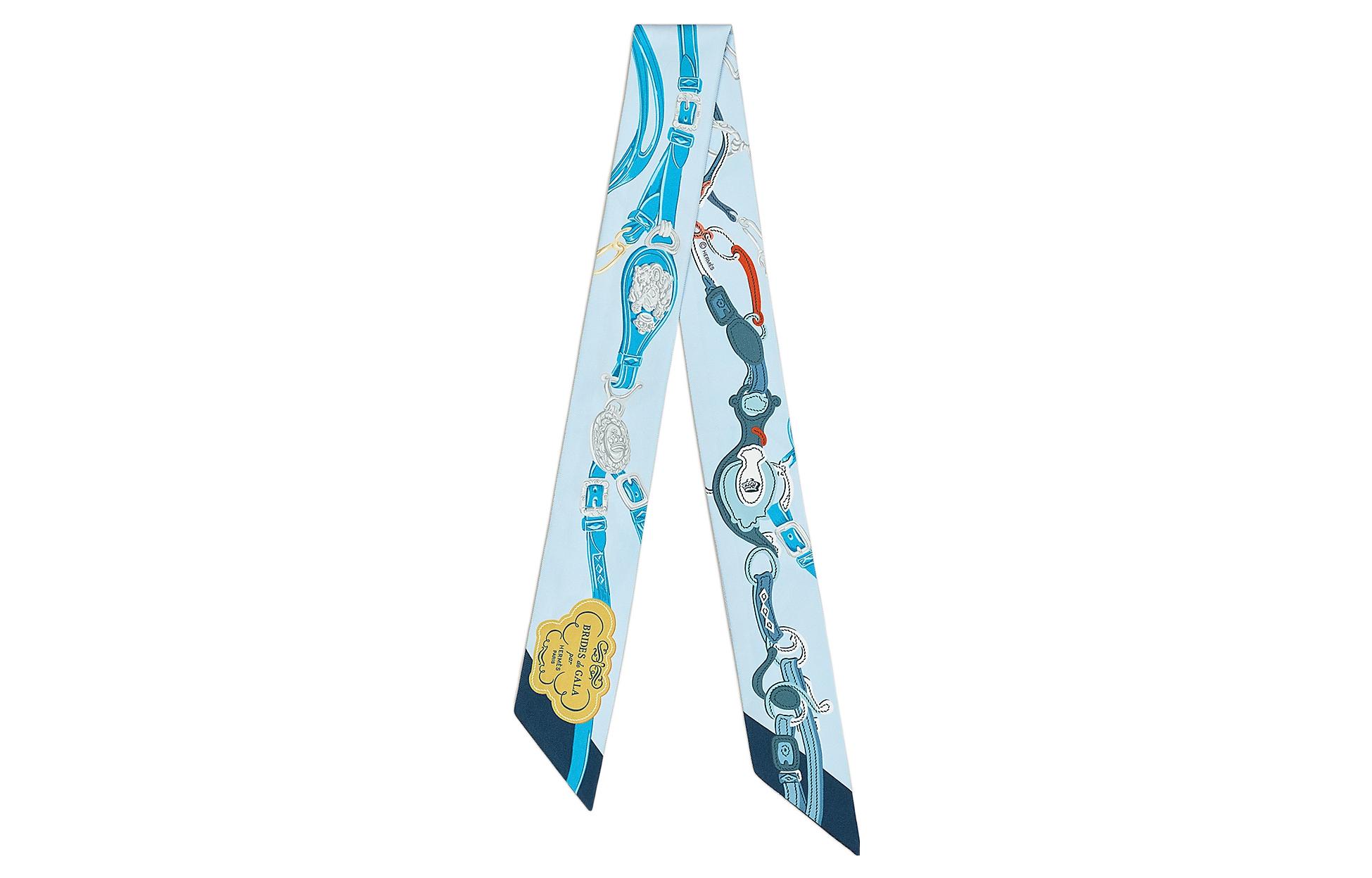 (Women) HERMES Twilly  Silk Scarf Sky Blue Elegant Reins Design. H063940S 11