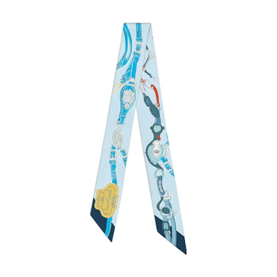 (Women) HERMES Twilly Silk Scarf Sky Blue Elegant Reins Design. H063940S 11