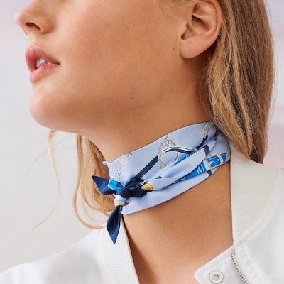 (Women) HERMES Twilly Silk Scarf Sky Blue Elegant Reins Design. H063940S 11 Lookbook (Women) HERMES Twilly Silk Scarf Sky Blue Elegant Reins Design. H063940S 11