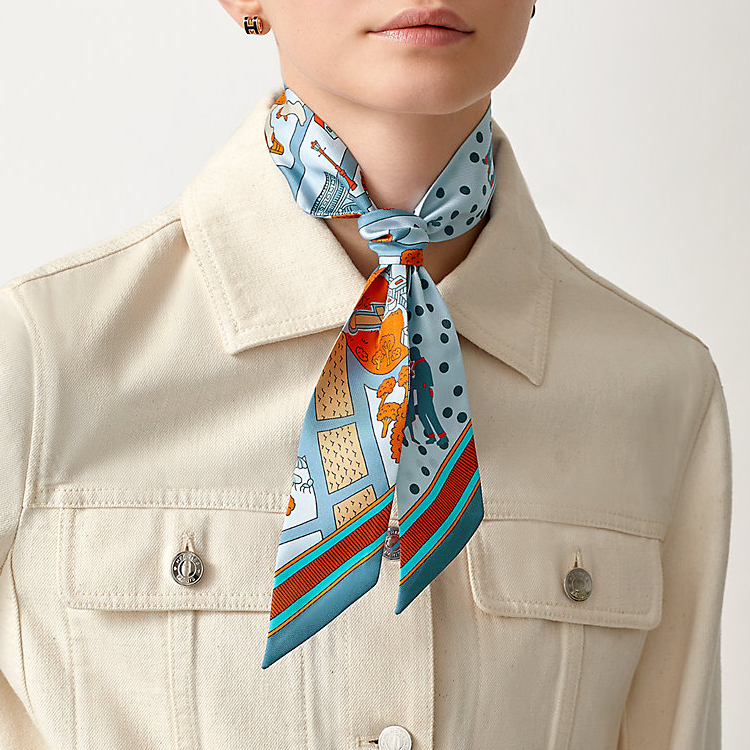 (Women) HERMES Twilly Love in Paris Silk Ribbon Scarf Blue H063329S-04 圖 3