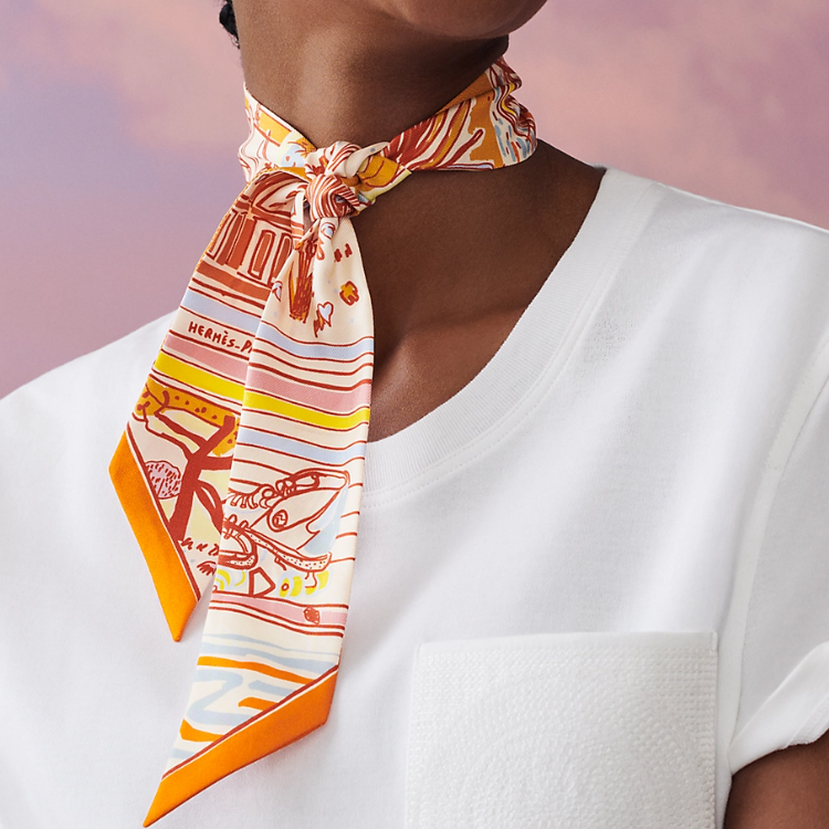 Lookbook (W) 愛馬仕 Twilly Rayures d''Ete 橙色印花絲巾 女士圍巾 H063850S 09