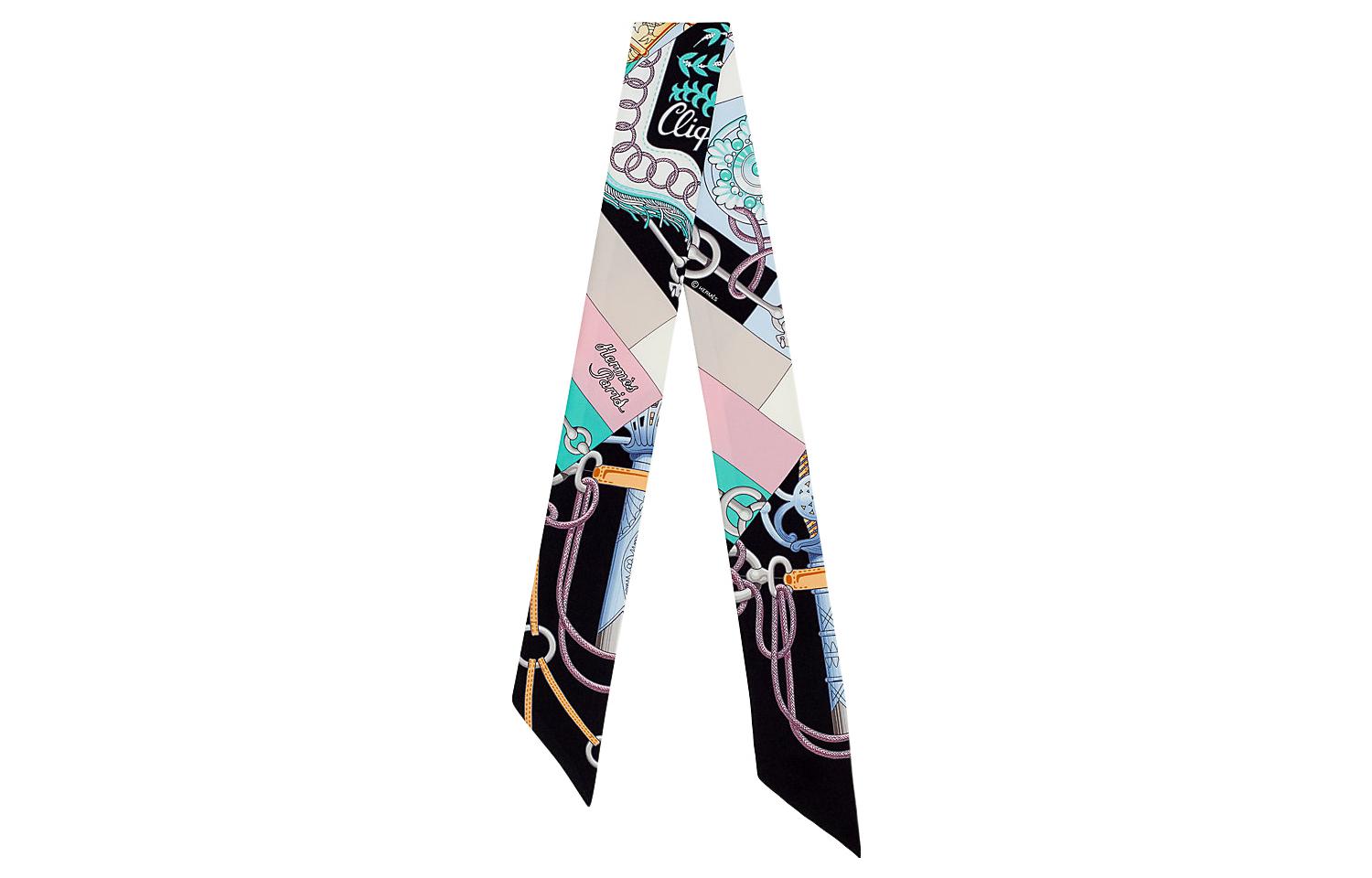 (Women) HERMES Twilly Scarf  Black/Rose Pink/Mint Green "Sabre March" Design. H061574S-10