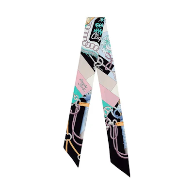 (Women) HERMES Twilly Scarf Black/Rose Pink/Mint Green "Sabre March" Design. H061574S-10