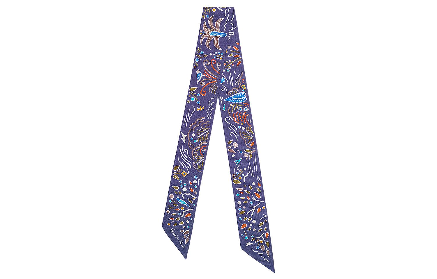 (Women) HERMES Twilly Scarf "Island Spring"  Navy Blue Silk Scarf. H063755S-13