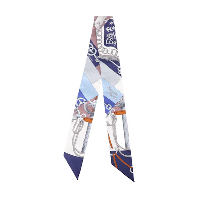 (Women) HERMES Twilly Scarf Navy Blue/White/Icy Brown "March of the Sabres". H061574S-03