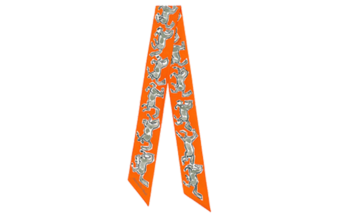 (Women) HERMES Twilly Scarf Black Horse Design for Women - Orange Trim. H063803S-14