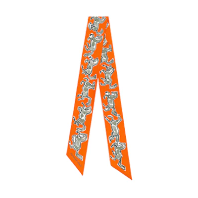 (Women) HERMES Twilly Scarf Black Horse Design for Women - Orange Trim. H063803S-14