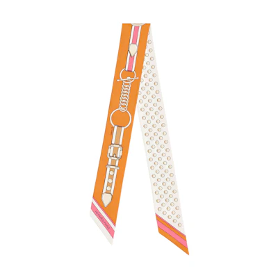 (Women) HERMES Twilly Scarf Cream/Red Brown/Coral Red Silk Scarf. H063778S-21