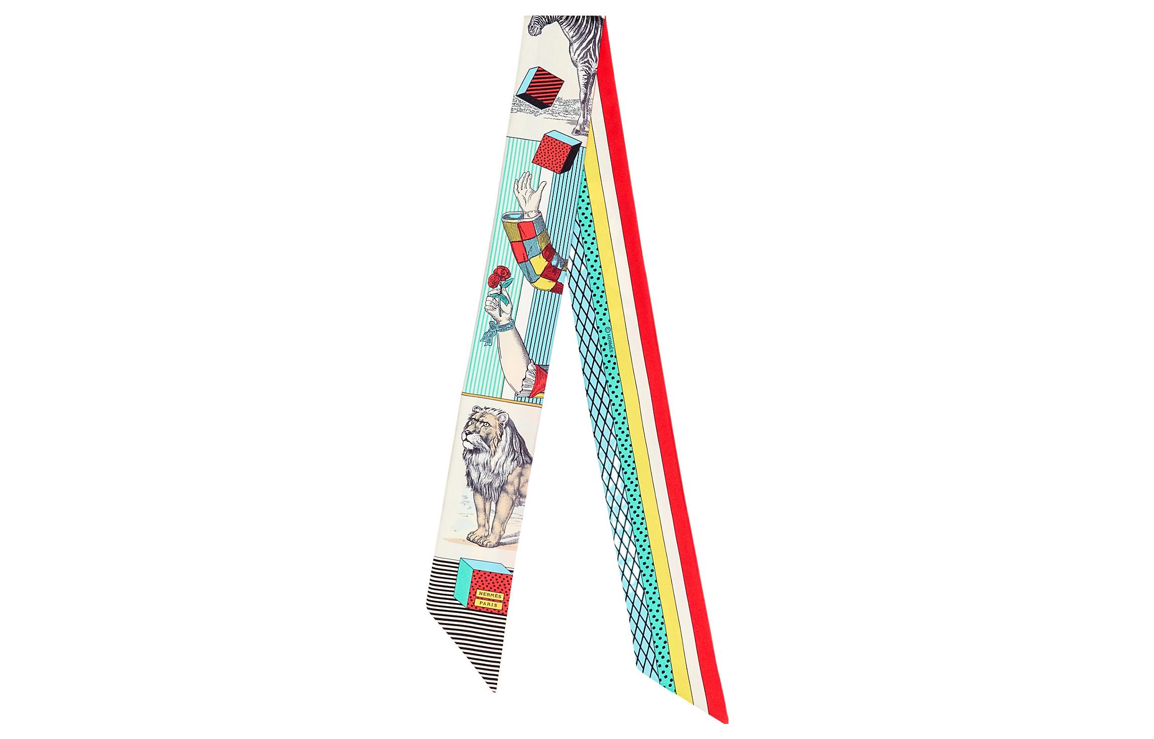 (Women) HERMES Twilly Scarf Ivory White/Turquoise Blue/Red  Silk Ribbon H063761S-19 圖 2