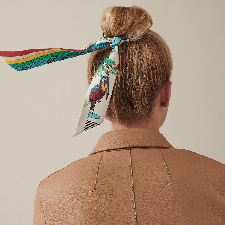 (Women) HERMES Twilly Scarf Ivory White/Turquoise Blue/Red  Silk Ribbon H063761S-19 圖 3