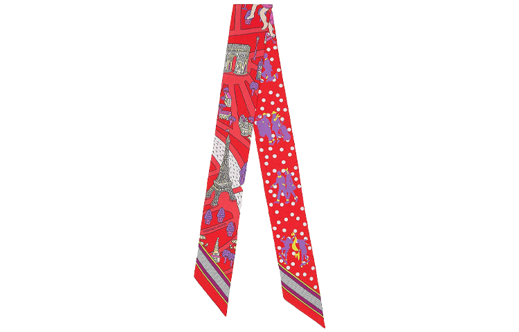 (Women) HERMES Twilly Scarf Paris Love Red Silk Scarf H063329S-10