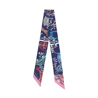 (Women) HERMES Twilly Scarf Stirrup Print Indigo Blue Silk Ribbon H06350S-08