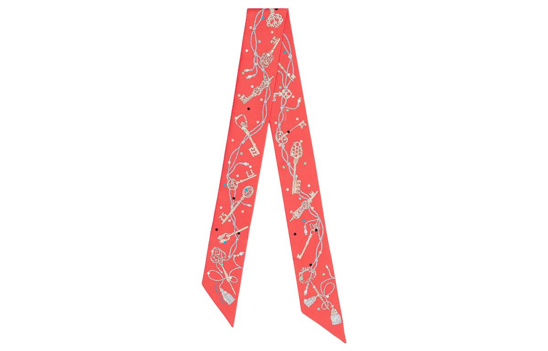 (Women) HERMES Twilly Silk Scarf  'Key to Dots' Pomegranate Red. H063871S-02