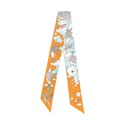 (Women) HERMES Twilly Silk Scarf Beige/Blue Cloud Motif. H063900S-24