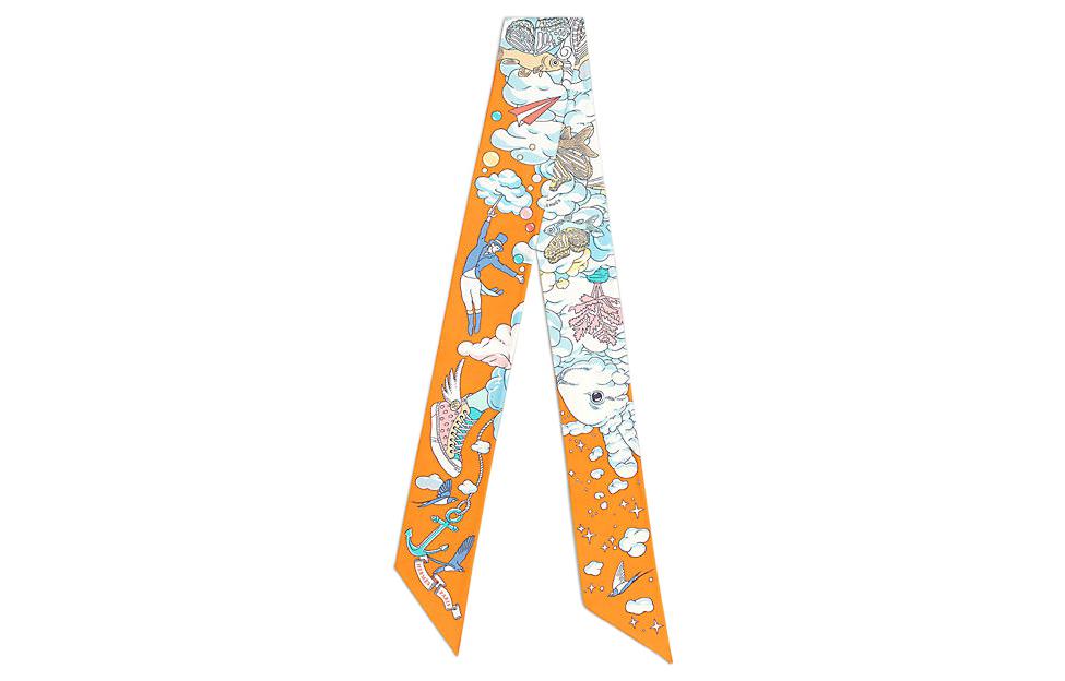 (Women) HERMES Twilly Silk Scarf  Beige/Blue Cloud Motif. H063900S-24 圖 2