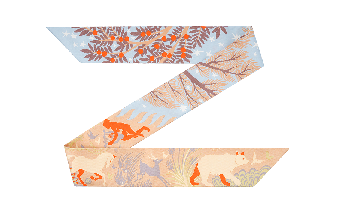 (Women) HERMES Twilly Silk Scarf  Beige Rose/Light Blue Orpheus Magic. H063702S-04