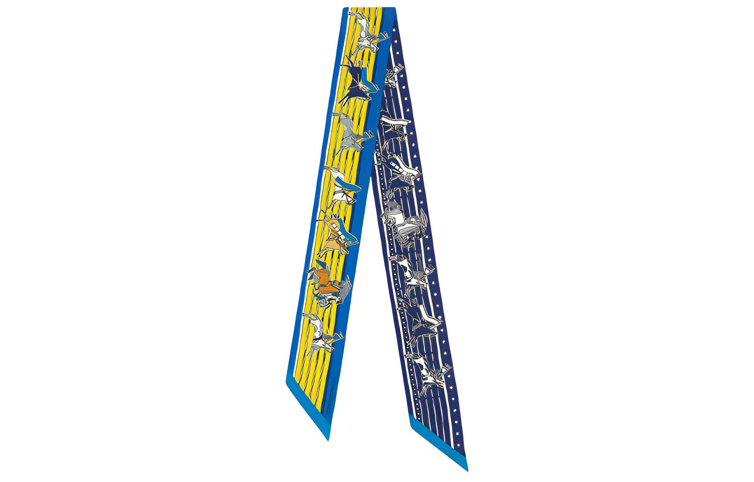 (Women) HERMES Twilly Silk Scarf "Chief Poni" Royal Blue/Yellow/Navy H063587S-08