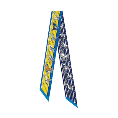 (Women) HERMES Twilly Silk Scarf "Chief Poni" Royal Blue/Yellow/Navy H063587S-08