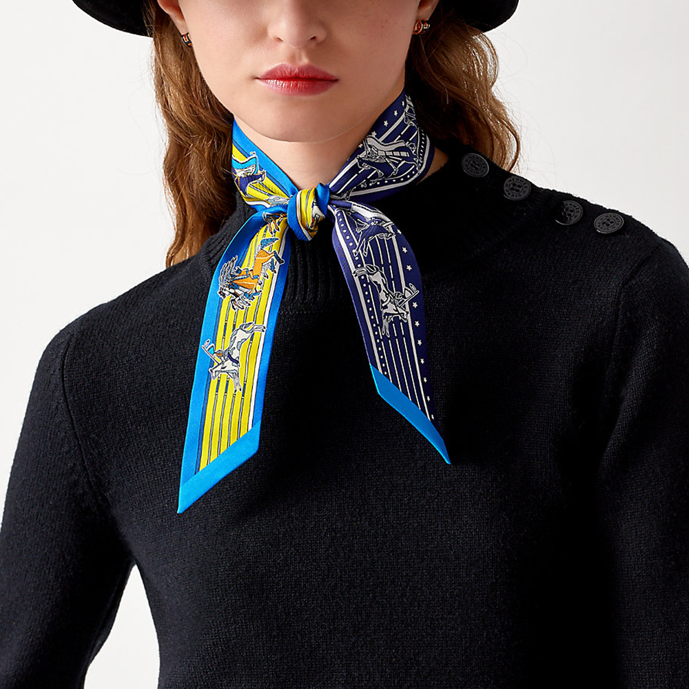 (Women) HERMES Twilly Silk Scarf "Chief Poni" Royal Blue/Yellow/Navy H063587S-08 圖 3