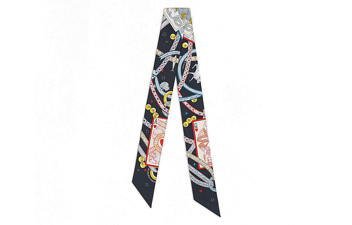 (Women) HERMES Twilly Silk Scarf "Queen of Hearts" Black/Rouge Pink 5x86cm for Women. H063959S-01