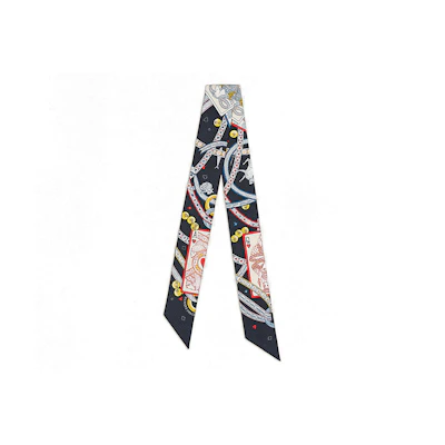 (Women) HERMES Twilly Silk Scarf "Queen of Hearts" Black/Rouge Pink 5x86cm for Women. H063959S-01