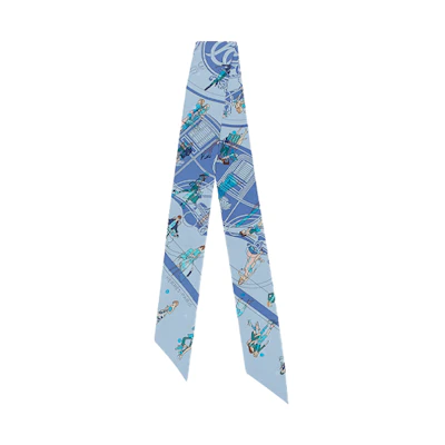 (Women) HERMES Twilly Silk Scarf Blue Edition Paris Library Style. H063416S-06