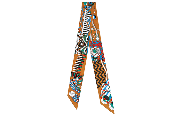 (Women) HERMES Twilly Silk Scarf Caramel/Yellow "From Umbrella to Duel" Edition. H063464S-18