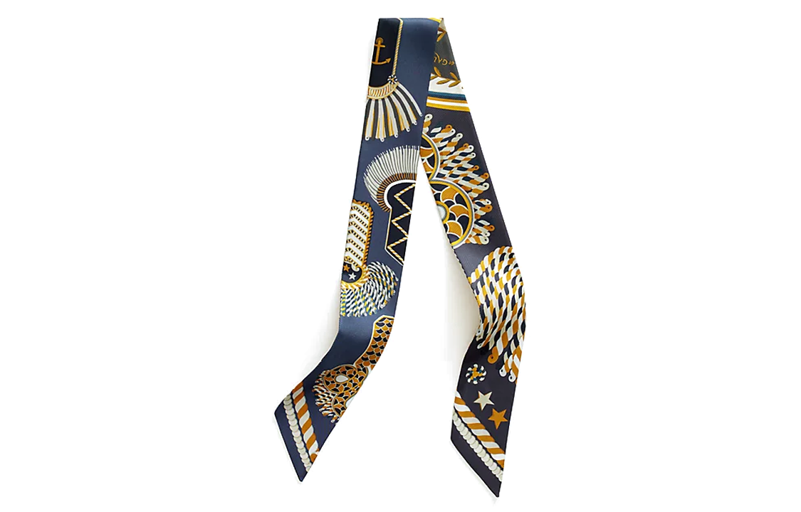 (Women) HERMES Twilly Silk Scarf for Women - Navy Blue Elegant Epaulette Design. H063983S-06