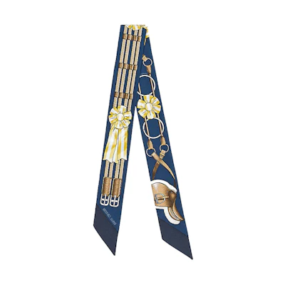 (Women) HERMES Twilly Silk Scarf Navy Blue Yellow for Women Party Style. H061526S-13